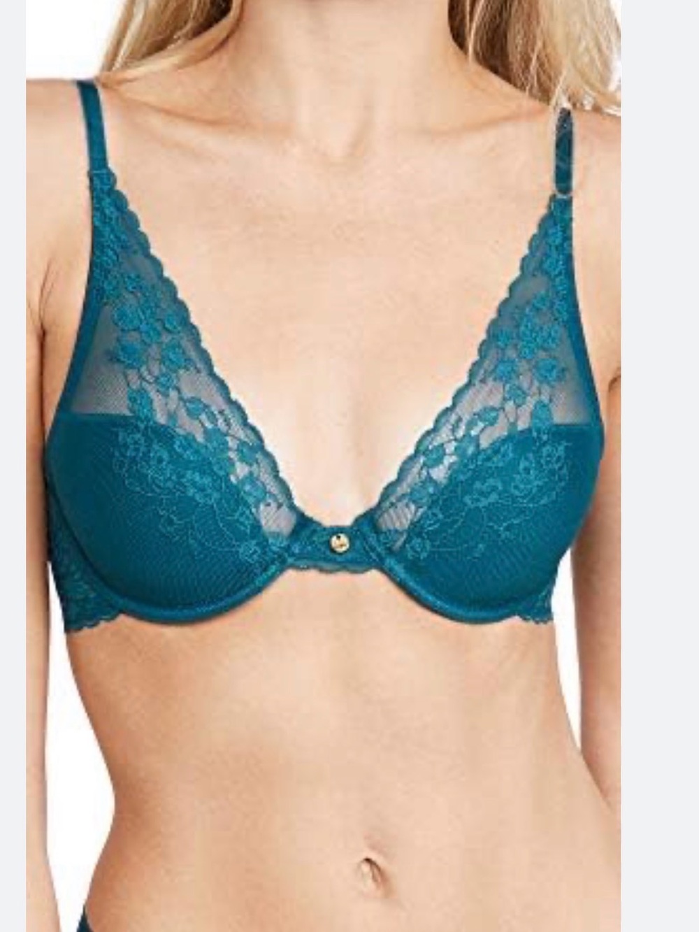 Natori cherry blossom teal Lace Plunge Underwire Bra 34B new